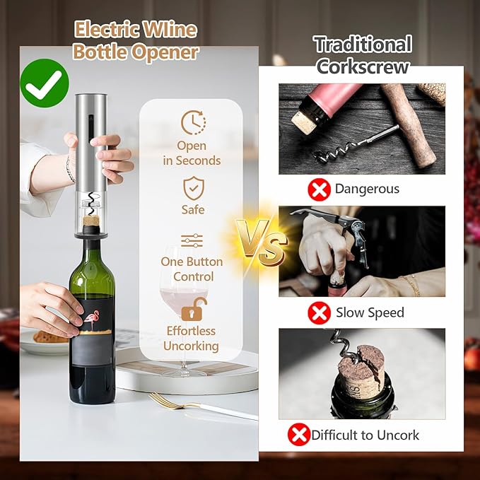 5-in-1 Electric Wine Opener - Auto Wine Bottle Opener with Storage Base,Foil Cutter,Aerating Pourer & Vacuum Stoppers | USB-C Rechargeable | 40+ Opens Per Charge | Gift for Housewarmings