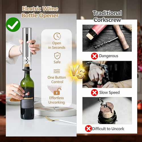 5-in-1 Electric Wine Opener - Auto Wine Bottle Opener with Storage Base,Foil Cutter,Aerating Pourer & Vacuum Stoppers | USB-C Rechargeable | 40+ Opens Per Charge | Gift for Housewarmings