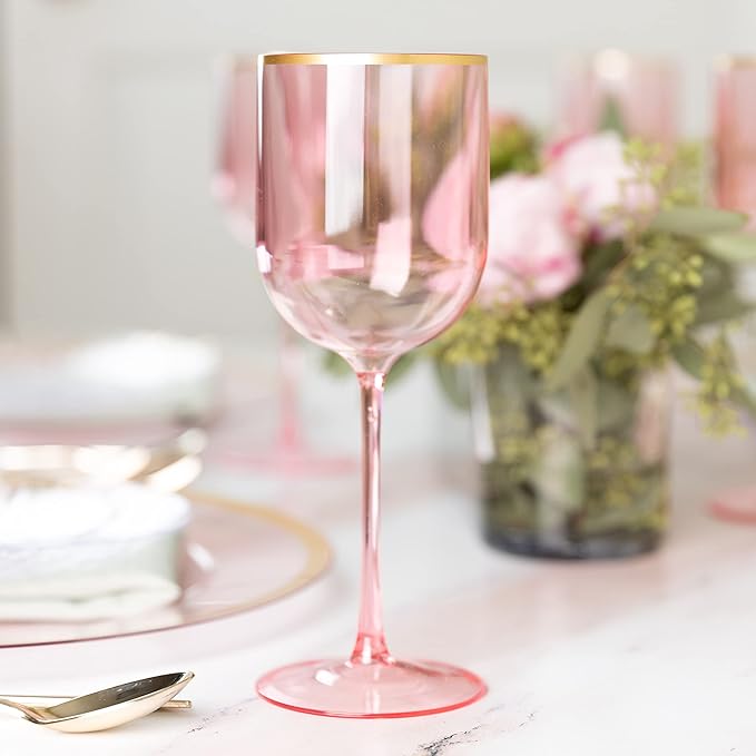 PLASTICPRO Pink Wine Cup with Gold rim Plastic Wine Glasses Set of 10 Elegant Wine Goblets Hard Plastic Wine Cups on Stem 12 Ounce