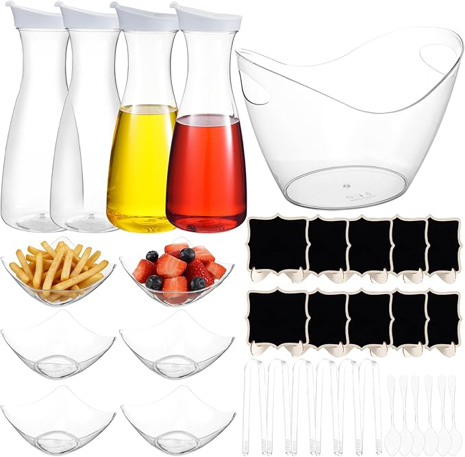 27 Pcs Mimosa Bar Supplies Include Acrylic Ice Bucket 4Pcs 34oz Plastic Carafe with Lids 6 Disposable Salad Bowls with Spoons & Tongs 10 Mini Wooden Chalkboards for Summer Party Family Gathering Bar