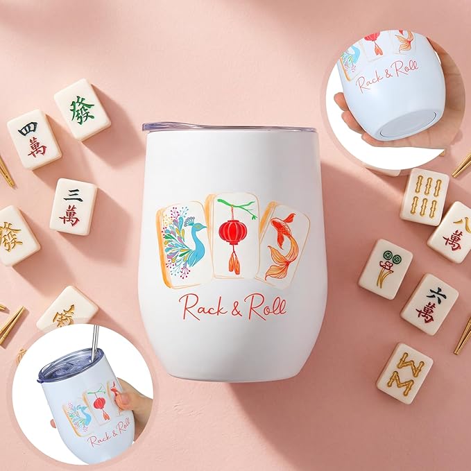 Patelai 4 Pack 12 oz Mahjong Tumbler Set with Tiles Print, Mah Jong Stainless Steel Glasses with Lid Insulated Tumblers, Accessories Gifts for Mahjong Game Birthday Party Gifts