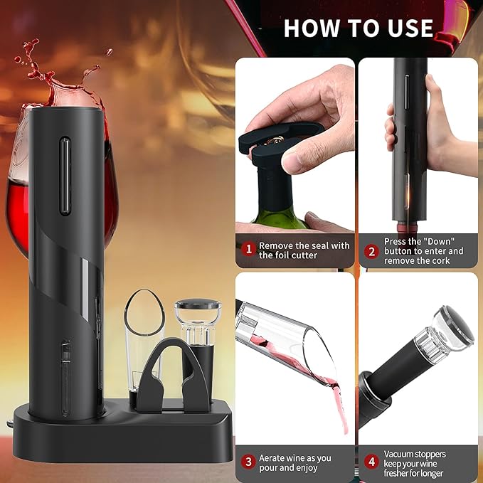 Electric Wine Opener Set, A 4-in-1 Multifunctional Wine Accessory Kit, including an Automatic Corkscrew Opener, Rechargeable Wine Bottle Openers, Foil Cutter, Wine Aerator Pourer, and Vacuum Stoppers