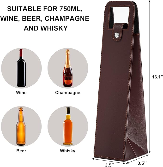 RYDDOY Wine Gift Bag, Reusable Leather Wine Tote Carrier, Single Bottle Champagne Beer Gift Bags Carrier for Birthday, Wedding, Picnic Party, Christmas festival Gifts (Brown)