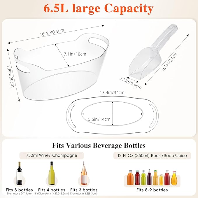 2 PCS Ice Buckets for Parties, 6.5L Large Ice Bucket, 1.7 Gallon Champagne Bucket with 2 Scoops, Beverage Tub Mimosa Bar Supplies for Champagne, Beer, Cocktail