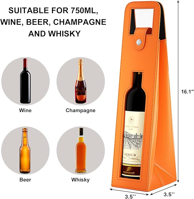 RYDDOY Wine Gift Bag, Reusable Leather Wine Tote Carrier, Single Bottle Champagne Beer Gift Bags Carrier for Birthday, Wedding, Picnic Party, Christmas festival Gifts (Orange)