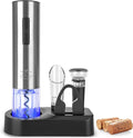 Zulay Kitchen Rechargeable Electric Wine Opener Set with Storage Base - Automatic Corkscrew Wine Bottle Opener, Pourer, Foil Cutter & Vacuum Stopper - Stainless Steel Wine Gift Set, Silver