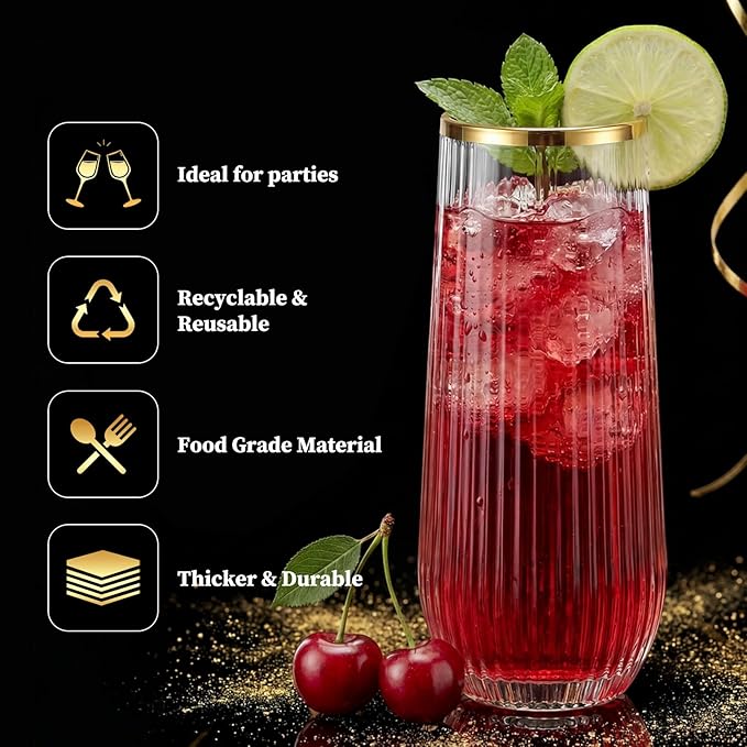 GuanQiao 12 Pack Stemless Plastic Champagne Flutes with Gold Rim, 9oz Ribbed Disposable Champagne Glasses, Heavy Duty Shatterproof Mimosa Glasses for Wine Wedding Bridal Shower Party Supplies Birthday