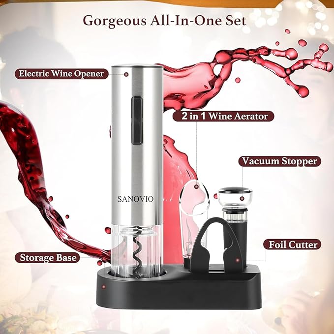 6-in-1 Electric Wine Opener Set - Rechargeable Automatic Corkscrew with Vacuum Sealer, Wine Aerator, Foil Cutter & Charging Base,Valentine's Day Gifts, Wine Lovers (Stainless Steel)