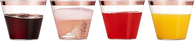 Munfix 100 9 Oz Clear Plastic Cups, Old Fashioned Tumblers, Fancy Disposable Wedding Cups, Elegant Party Cups with Rose Gold Rim