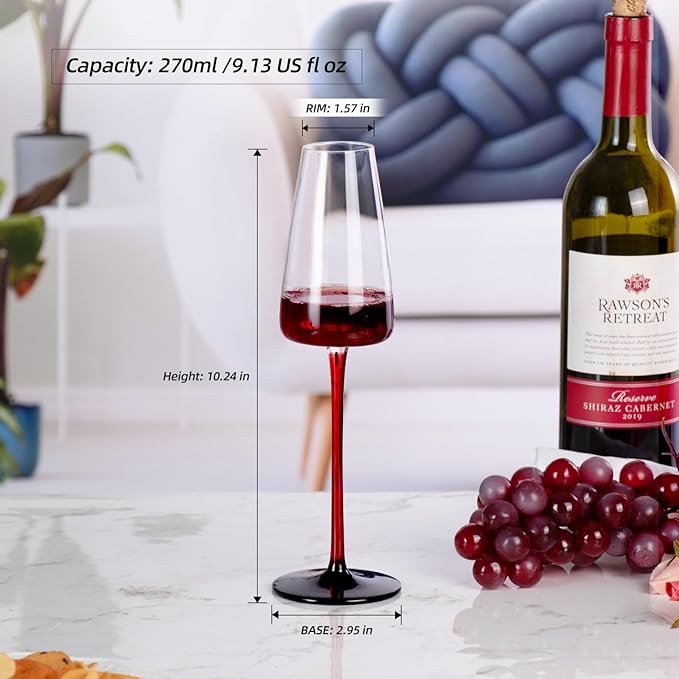 KAMMAK Wine Glasses Set of 2, 9.13 oz Hand Blown Crystal Bordeaux Wine Glasses, Thin Rim & Long Stem, Perfect for Red & White, Daily Use, Wedding or Birthday Gift with Gift Box, XH-H260 Black Base