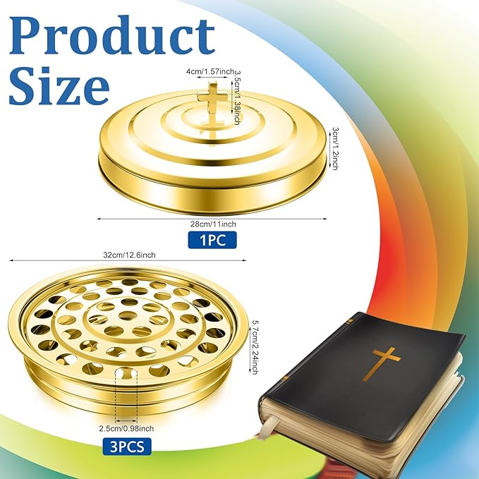 Jingmore Communion Ware 3 Holy Wine Serving Trays with 1 Cover Stainless Steel Communion Supplies Silver Trays for Churches Holy Ware Sets (Gold)
