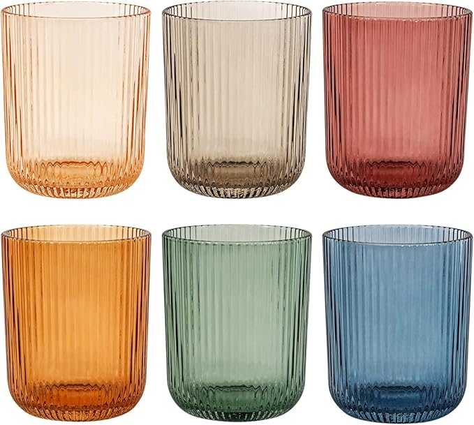 8.5 oz Drinking Glasses, Colored Highball Glasses Set of 6, Ribbed Glassware Glass Cups, Water Glasses for Juice, Iced Coffee Cups, Cocktail Glasses