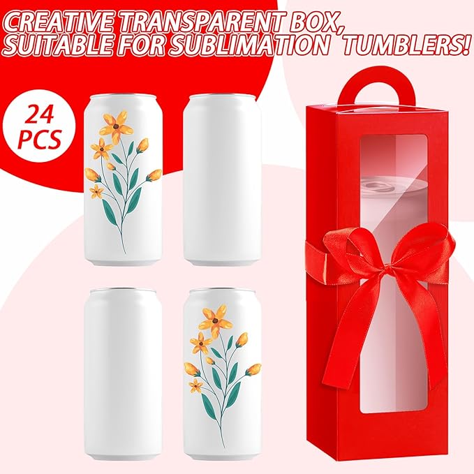 Ctosree 24 Pcs Tumbler Gift Box with Handle for 12oz 16oz 20oz 30oz Clear Wine Glass Gift Box Sublimation Tumblers Heat Press Blanks Bottle for Christmas Wrapping Packaging (Red)