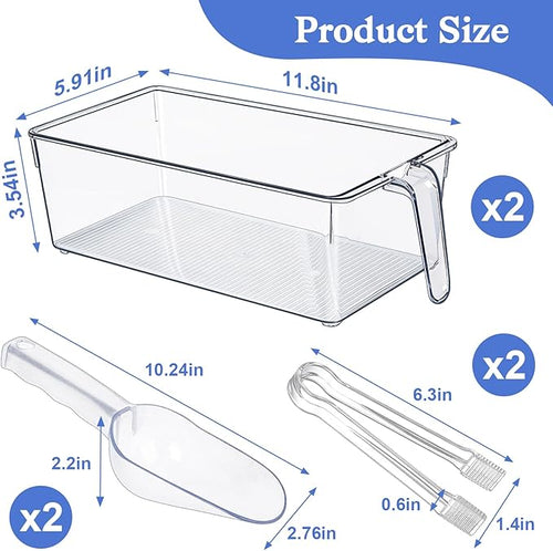 2 Pack Clear Ice Bucket for Freezer, Ice Cube Storage Bin with Flexible Handle, Ice Holder for Freezer, Scoop & Tongs Set, Fridge Container, Home Bar Organization (11.8 x 5.91 x 3.54 Inches)