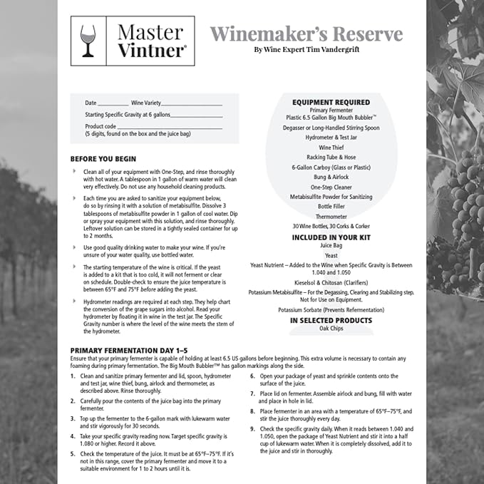 Master Vintner™ Winemaker's Reserve™ Riesling Wine Recipe Kit Makes 6 Gallons