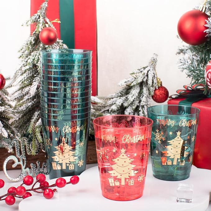 DaYammi 60 Pack Gold Christmas Plastic Cups Disposable, 10 Oz Clear Red Plastic Cups and Green Cups,30 Red Gold Tree Tumblers, 30 Hard Green Cup Bulk for Christmas Party