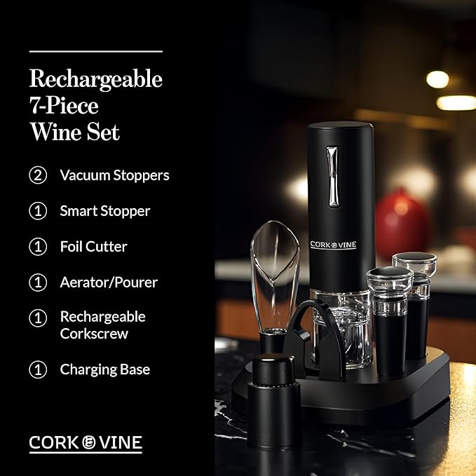 Cork & Vine Rechargeable 7-Piece Electric Wine Opener Set – Automatic Corkscrew with Charging Base, Wine Aerator Pourer, Foil Cutter & Vacuum Wine Stoppers – Wine Accessories Gift Set