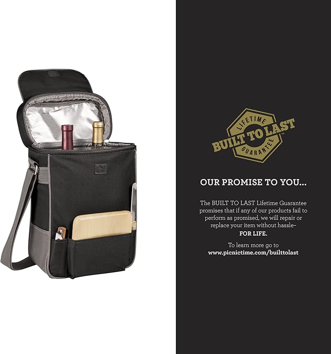 PICNIC TIME Duet Wine & Cheese Tote, Luxury 2 Bottle Insulated Wine Bag Set with Cheese Board, Knife, & Corkscrew, Adjustable Strap, and Pockets, Romantic Kit for Couples, (Black with Gray Accents)