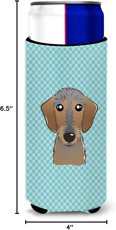 Checkerboard Blue Wirehaired Dachshund Ultra Beverage Insulators for slim cans