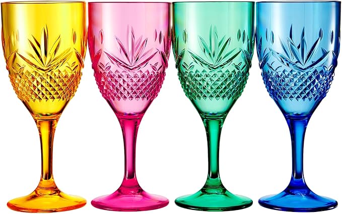 Shatterproof Tritan Stemmed Fancy Wine Glasses Goblets, Resalable | 4 Set | Bright Colors Glass Lookalike, Crystal Color Acrylic Drinkware, Reusable Unbreakable BPA-free plastic, Outdoor & Indoor 11OZ