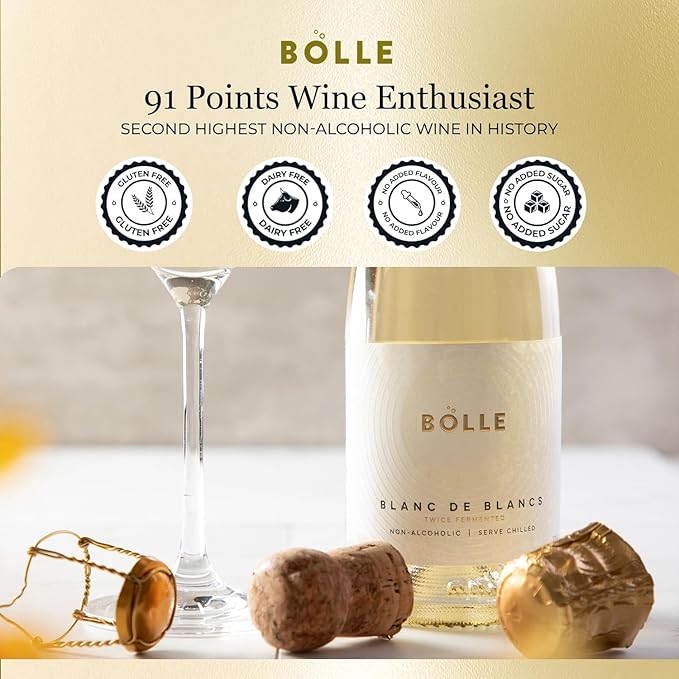 BOLLE Blanc de Blancs - Non Alcoholic Wine - Alcohol Free Sparkling White Wine with Citrus and Green Apple, Award Winning Champagne Alternative, Champagne Style - 375ml