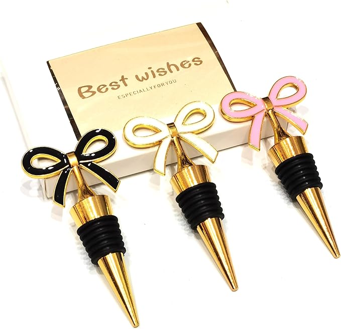 Bow Wine Stoppers for Wine Bottles 3 Packs - Golden Bowtie Stopper Bottle Set - Black, White, Pink Festive Bow for Wine Topper, Holiday, Festival, Banquet, Wedding Table Decoration