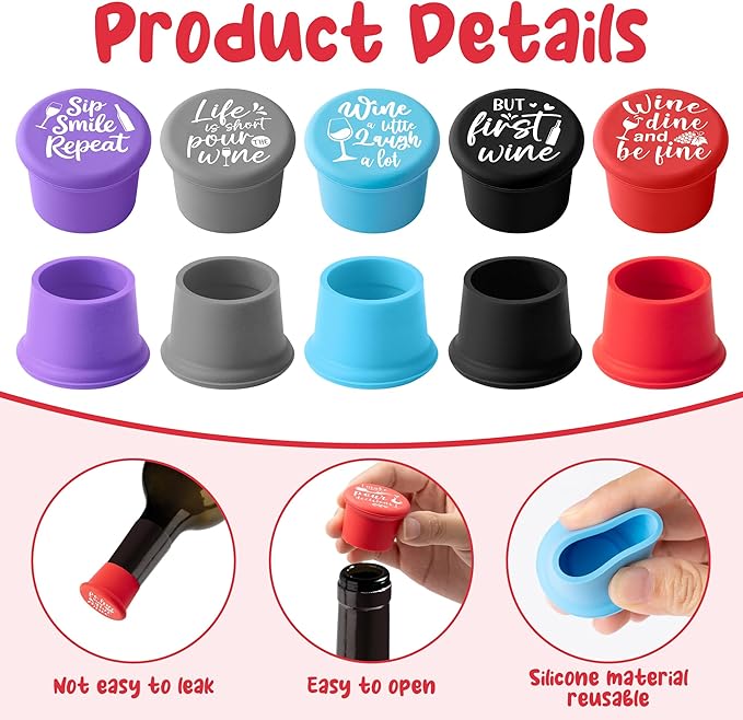 10Pcs Wine Stoppers Gift Set Funny More Wine Less Whine Pattern Silicone Bottle Covers Reusable Beverage Corks Strong Sealing Liquor Accessories for Outdoor Picnics Weddings Barbecues Party