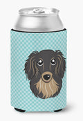 Caroline's Treasures BB1151CC Checkerboard Blue Longhair Black and Tan Dachshund Can or Bottle Hugger Cooler Washable Drink Sleeve Collapsible Beverage Insulated Holder, Can Hugger, Multicolor