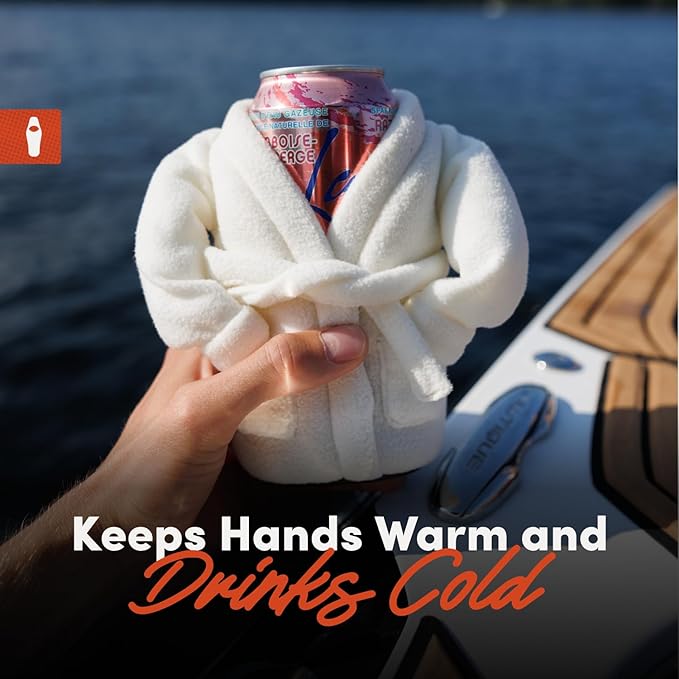 Puffin The Spa Robe Insulated Can Cooler Sleeve 12oz & 16oz Tall Can - Non Slip Base, Beer Soda Drink Jacket for Cold or Hot Beverages - Sandy White