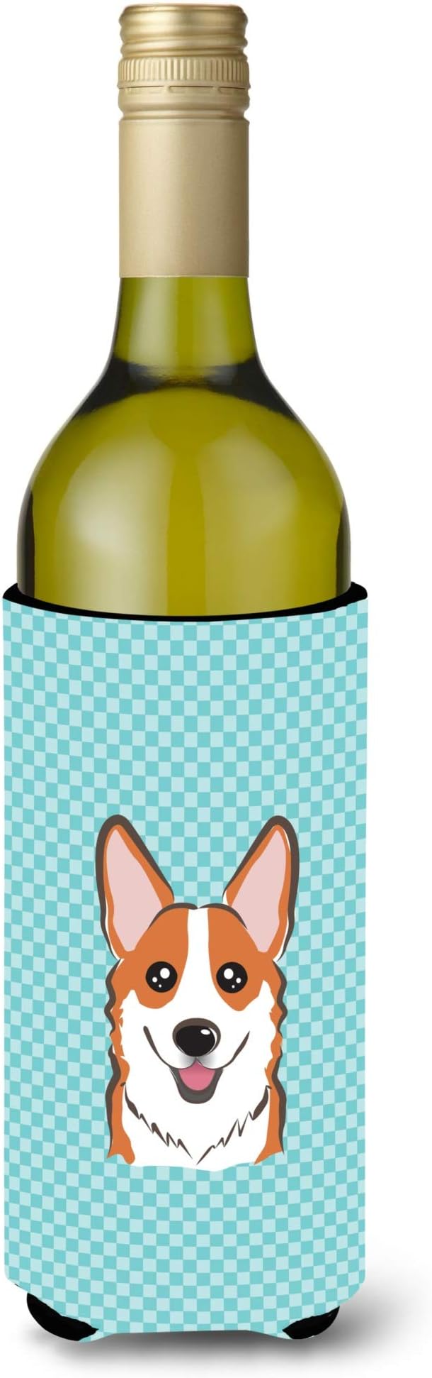 Caroline's Treasures BB1192LITERK Checkerboard Blue Corgi Wine Bottle Hugger Bottle Cooler Sleeve Hugger Machine Washable Collapsible Insulator Beverage Insulated Holder