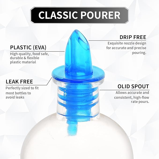 Plastic Liquor Bottle Pourers blue- 12 Pack Classic Bottle Pourers for Alcohol, Leak-Proof, Dishwasher-Safe Pour Spouts for Liquor Bottles (blue)