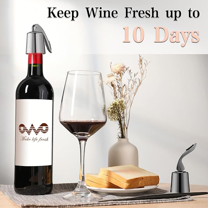 OWO Stainless Steel Wine Bottle Stopper, Reusable Wine Saver with Silicone Seal, Decorative Bottle Sealer, Keeps Fresh (Metal Black, 2 Pack)