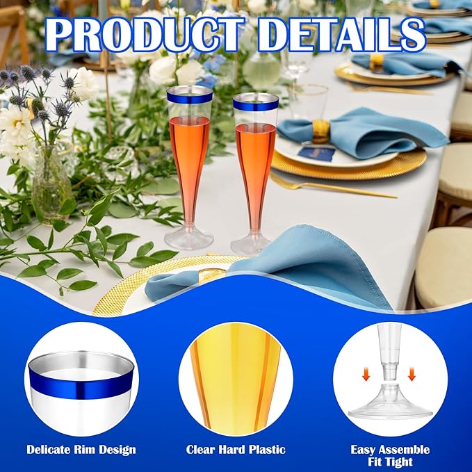Jingmore 60 Pcs Plastic Champagne Flutes 4.5 oz Clear Disposable Wine Glasses Cocktail Cup Champagne Glass for Wedding Graduation Summer Party Favor Mimosa Bar Supplies (Blue)