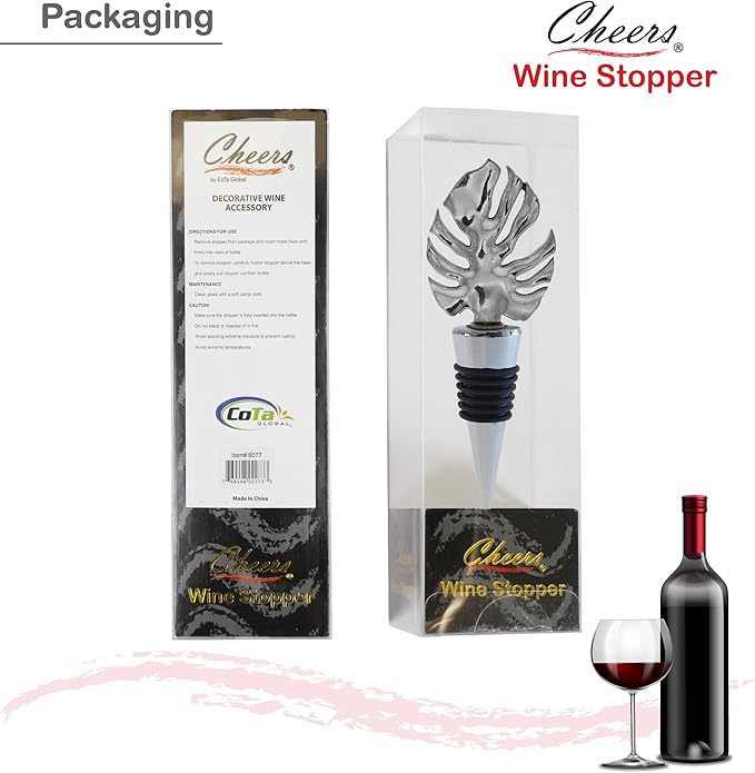 Cheers Silver Tropical Leaf Metal Wine Stopper - Elegant Vacuum Seal Reusable Jungle Leaves Wine Bottle Stopper Airtight Leak Proof Bottle Topper Cork Plug, Home Decor & Bar Tool Accessory Unique Gift