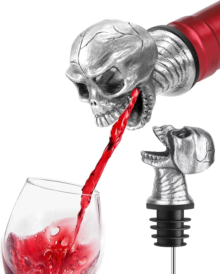 Skull Wine Pourer Spout for Bottles, Skeleton Head Liquor Pourer Stopper for Halloween Party, Gothic Bar Accessories for Wine Whiskey Spirits, No Drip Wine Dispenser Fits Most Standard Bottle Necks