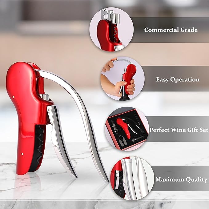 Wine Bottle Corkscrew Opener, Vertical Lever Corkscrew 5-Piece Set, Manual Vertical Design, Includes Wine Foil Cutter, Extra Spiral, Wine Pourer and Wine Stopper, Elegant Gift Box, Red