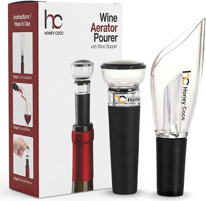 Wine Aerator Pourer + Vacuum Pump Stopper, 2-Piece Wine Saver Set, Drip-Free Pour Spout for Smoother Taste, Preserves Open Bottles, Gift-Ready Wine Accessories