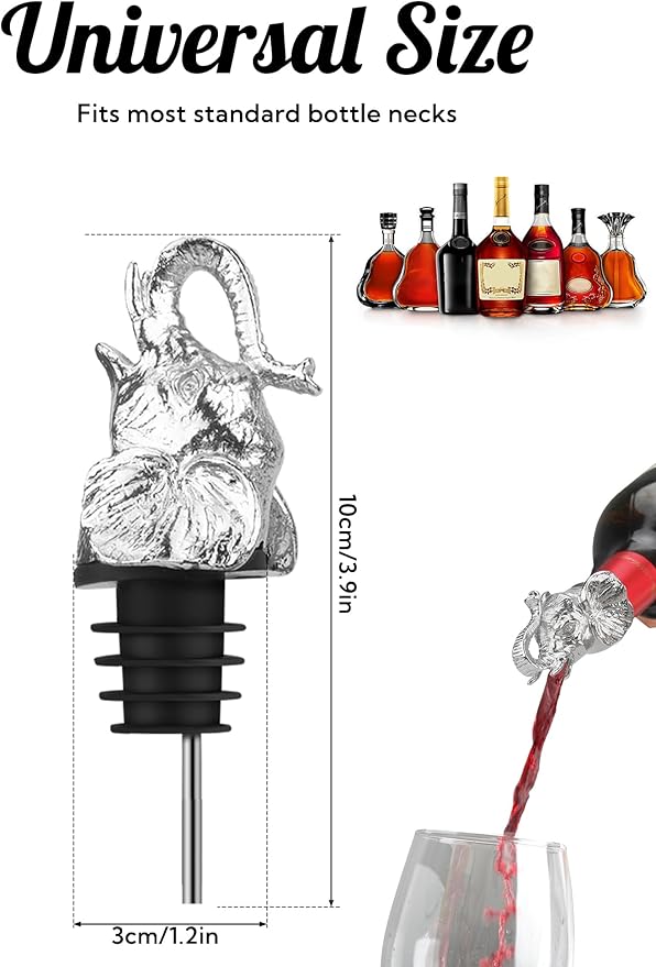 Elephant Wine Bottle Pourer – Animal Liquor Pour Spout, Drip-Free, Universal Fit Stopper with Leak-Proof Silicone, Zinc Alloy Head & Stainless Tube for Wine Whiskey Tequila, Bar & Gift for Wine Lovers