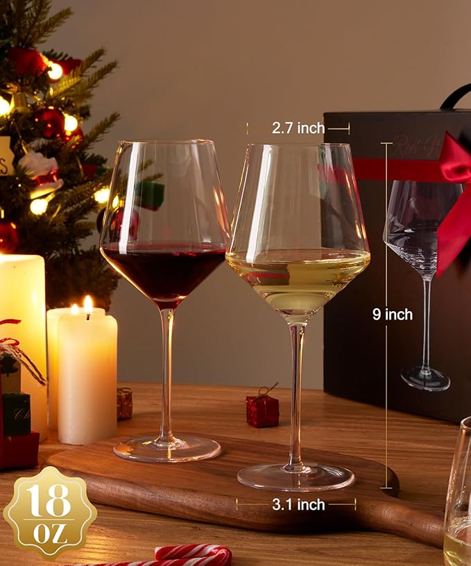 Red Wine Glasses Set of 4-18oz,White Crystal Hand Blown Wine Glass with Long Stem, Ultra-thin for Wine Tasting, Ideal for Anniversary, Birthday, Party