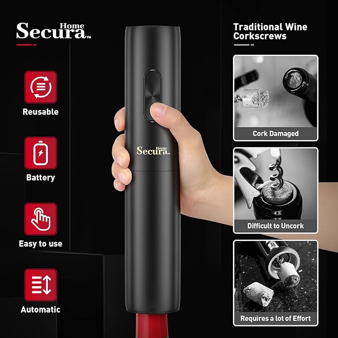 Secura Electric Wine Opener Battery Operated Automatic Wine Bottle Opener Set Reusable Corkscrew with Foil Cutter, Vacuum Stoppers, Aerator Pourer Wine Set Gift for Wine Lovers, Black