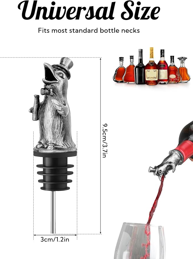 Animal Wine Pourer Spout, Drip Free Bottle Pourer & Stopper for Wine and Liquor Bottles, Funny Gift for Men, Dad, Hostess and Housewarming, Bar Cart Accessory for Holiday Party Decor, Multiple Animal