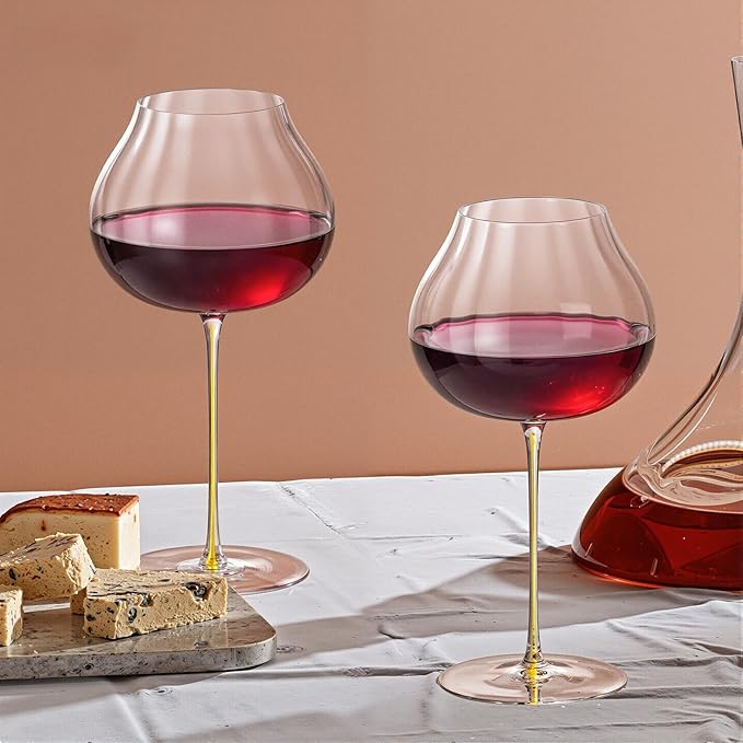 KAMMAK Wine Glasses Set of 2, 24.69 oz Hand Blown Crystal Bordeaux Wine Glasses, Thin Rim & Long Stem, Perfect for Red & White, Daily Use, Wedding or Birthday Gift with Gift Box, Onion Top Yellow