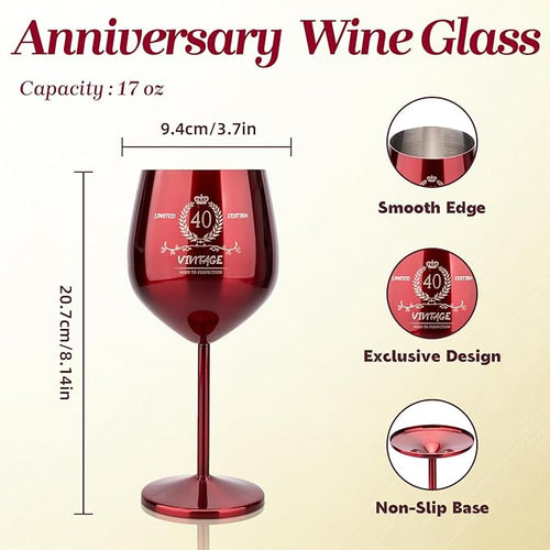 40th Birthday Gifts Wine Glass for Her Women, Stainless Steel Metal Unbreakable Decoration Glasses Red Cup 17oz with Vintage Print-Unique 40 Year Old Present for Mom Wife Sister Friend