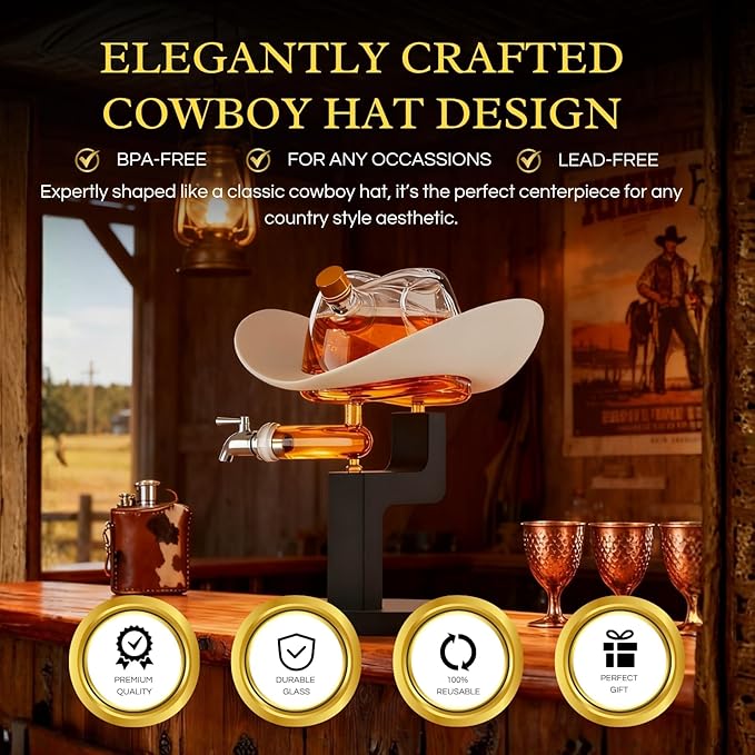 Western Cowboy Hat Decanter – 27oz Clear Glass Whiskey & Liquor Bottle | Premium Bar Display for Home, Lounge, or Man Cave Gifts, Rustic Collector Drinking - Great Gift Him Men, Dad, or Western Fans