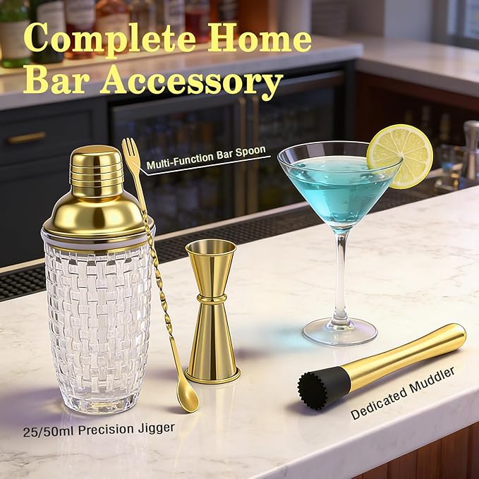 Cocktail Shaker Set - Gold Drink Shaker Bottle with Muddler Professional Martini Shaker Glass for Home Bartender 13.5 Oz Drink Mixer with Measuring Jigger and Built-In Strainer