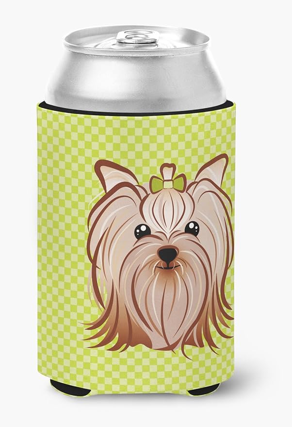 Caroline's Treasures BB1266CC Checkerboard Lime Green Yorkie Yorkishire Terrier Can or Bottle Hugger Cooler Washable Drink Sleeve Collapsible Beverage Insulated Holder, Can Hugger, Multicolor