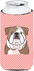 Caroline's Treasures BB1219TBC Checkerboard Pink English Bulldog Tall Boy Hugger Can Cooler Sleeve Hugger Machine Washable Drink Sleeve Hugger Collapsible Insulator Beverage Insulated Holder