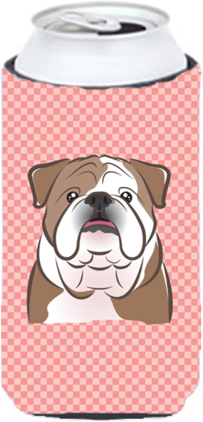 Caroline's Treasures BB1219TBC Checkerboard Pink English Bulldog Tall Boy Hugger Can Cooler Sleeve Hugger Machine Washable Drink Sleeve Hugger Collapsible Insulator Beverage Insulated Holder
