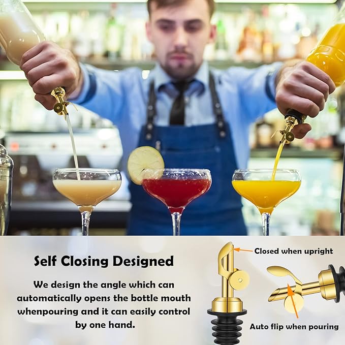 WAFJAMF 2 Pcs Weighted Stainless Steel Bottle Pourers, Self Closing Olive Oil Dispenser Spout, Auto Flip Feature Liquor Pour Spouts for Pours Liquid, Olive Oil, Wine, Vinegar (Gold)