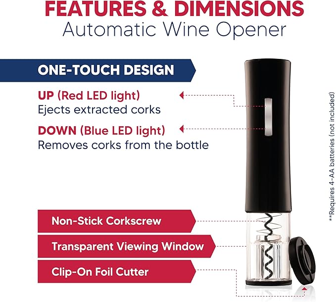 HIC Kitchen Bar Automatic Wine Opener with Clip-On Foil Cutter, One-Touch Cork Removal